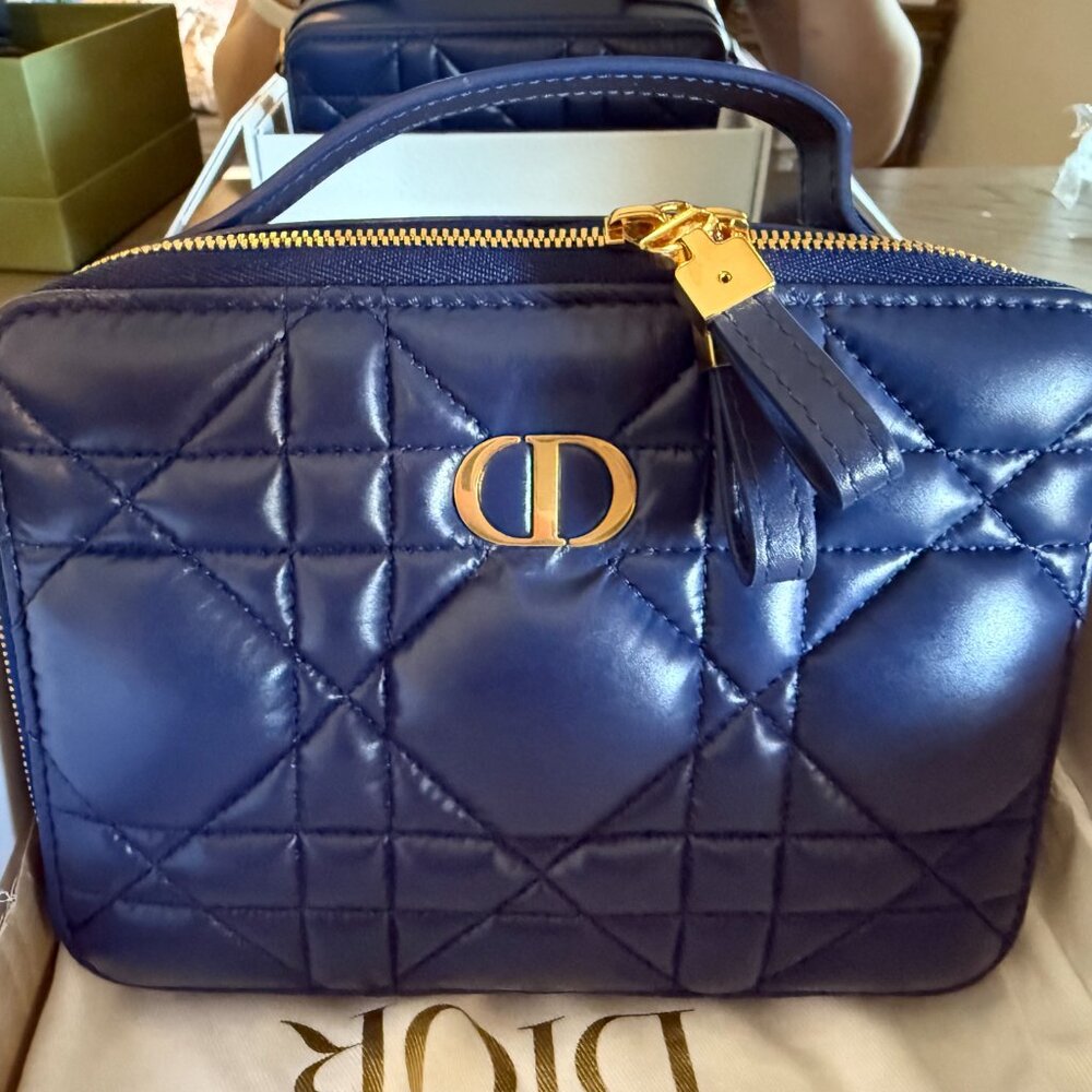AUTH CHRISTIAN DIOR CARO BOX BAG MACROCANNAGE QUILTED CALF Blue DEFECTIVE
